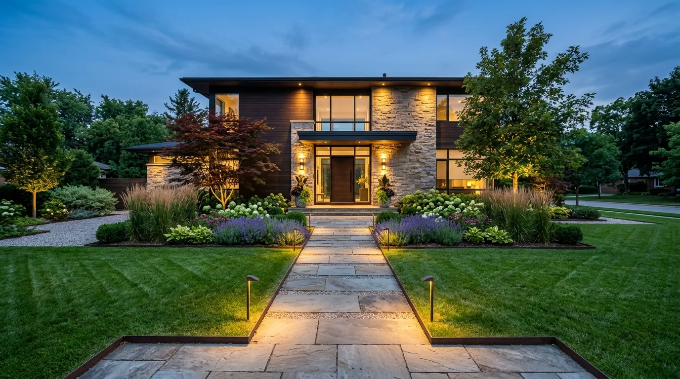 Front yard landscaping with strong curb appeal and layered planting.
